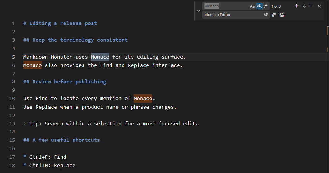 Monaco Find and Replace in Markdown Monster, searching for Monaco and preparing to replace it with Monaco Editor.