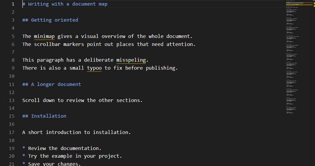 Markdown Monster's minimap beside a longer document, with spelling underlines and corresponding yellow markers near the scrollbar.